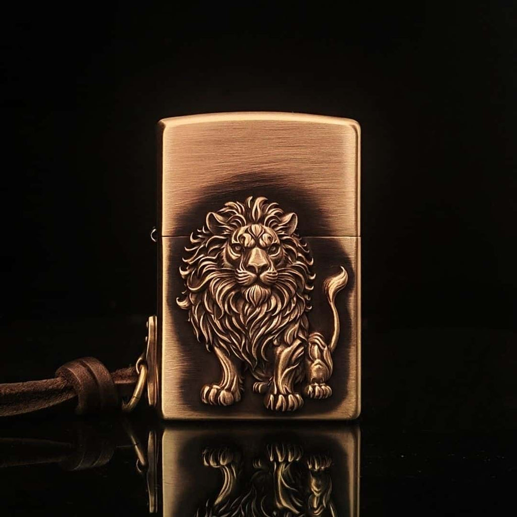 Forest King Lion Brass Lighter - Windproof Refillable Pocket Lighter for Men