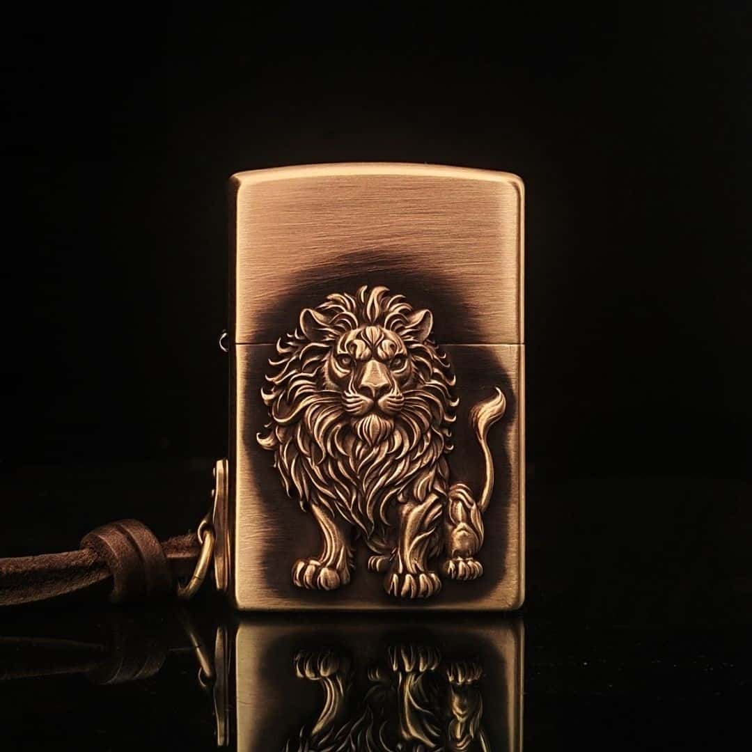 Forest King Lion Brass Lighter - Windproof Refillable Pocket Lighter for Men