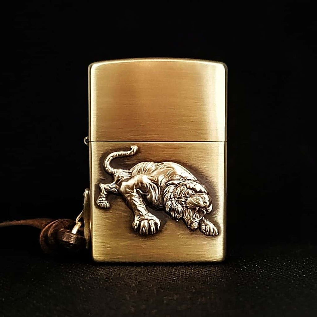 Descending Tiger Brass Lighter - Windproof Refillable Pocket Lighter for Men