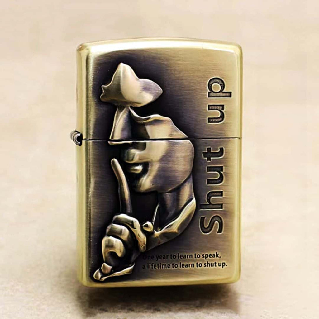 Shut Up Script Brass Lighter - Windproof Refillable Pocket Lighter for Men