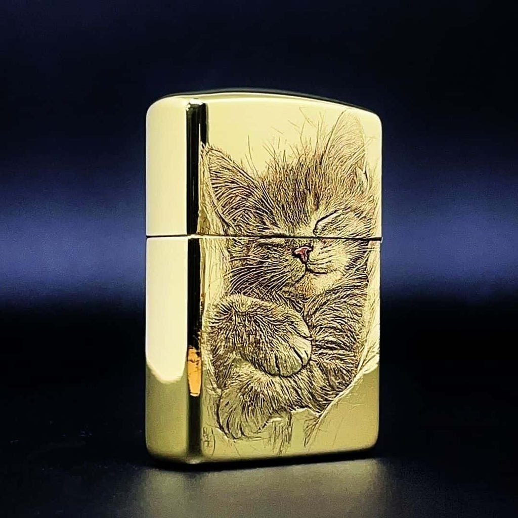 Sleeping Cat Brass Lighter - Windproof Refillable Pocket Lighter for Men