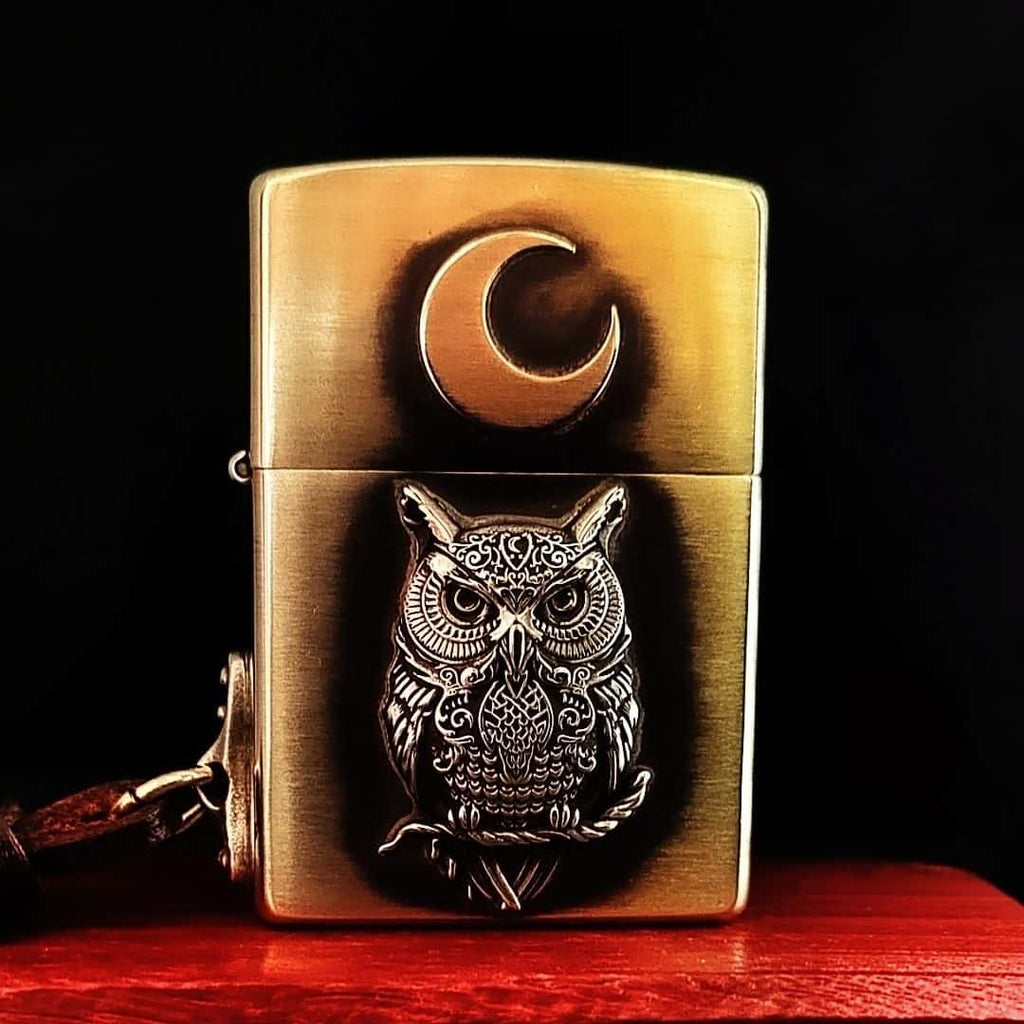 Owl Brass Lighter - Windproof Refillable Pocket Lighter for Men