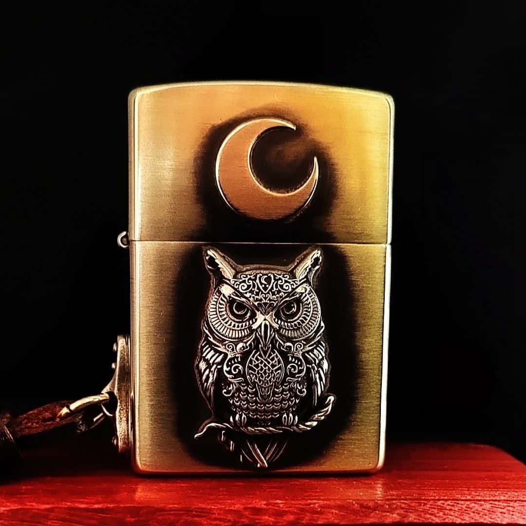 Owl Brass Lighter - Windproof Refillable Pocket Lighter for Men
