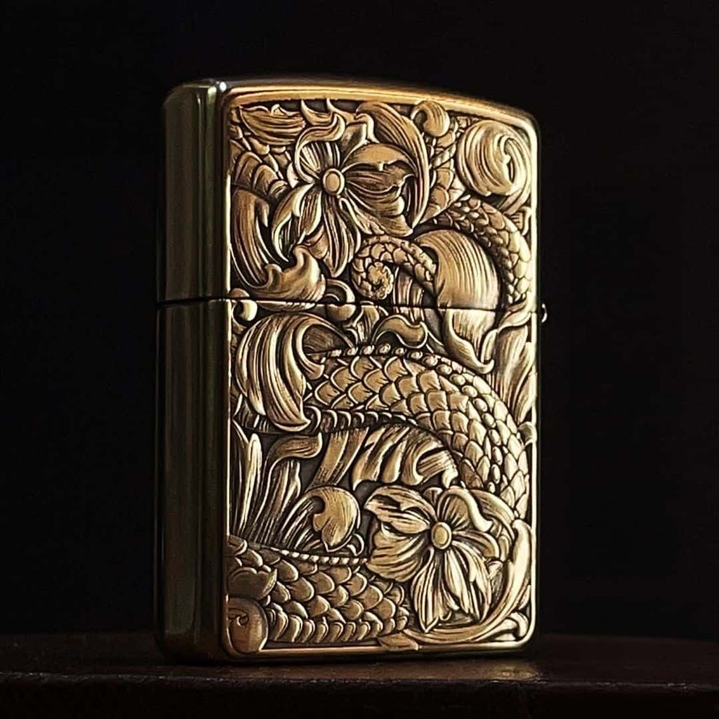 Vinember dragon and lotus deep relief engraved solid brass lighter front view