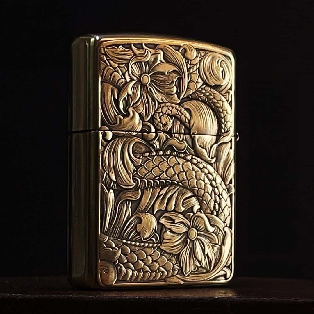 Vinember dragon and lotus deep relief engraved solid brass lighter front view