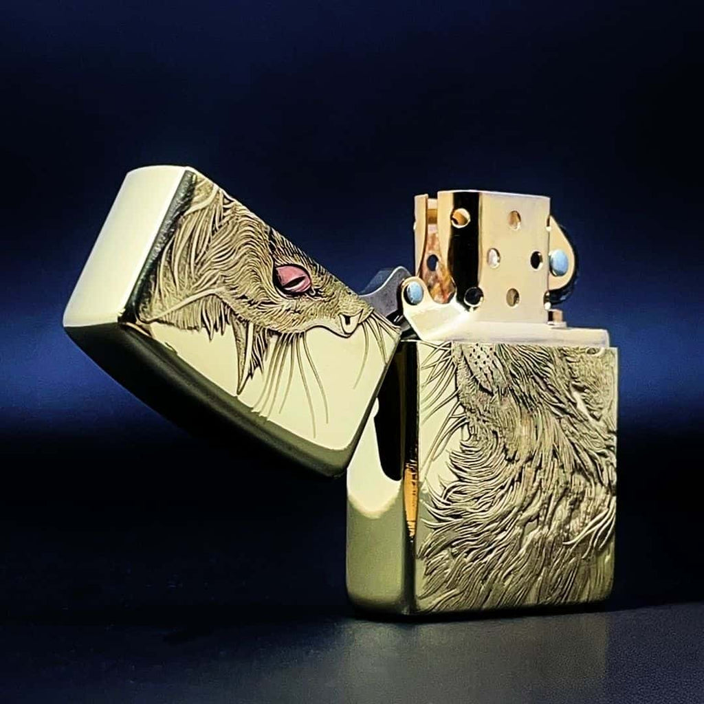 Sleeping Cat Brass Lighter - Windproof Refillable Pocket Lighter for Men