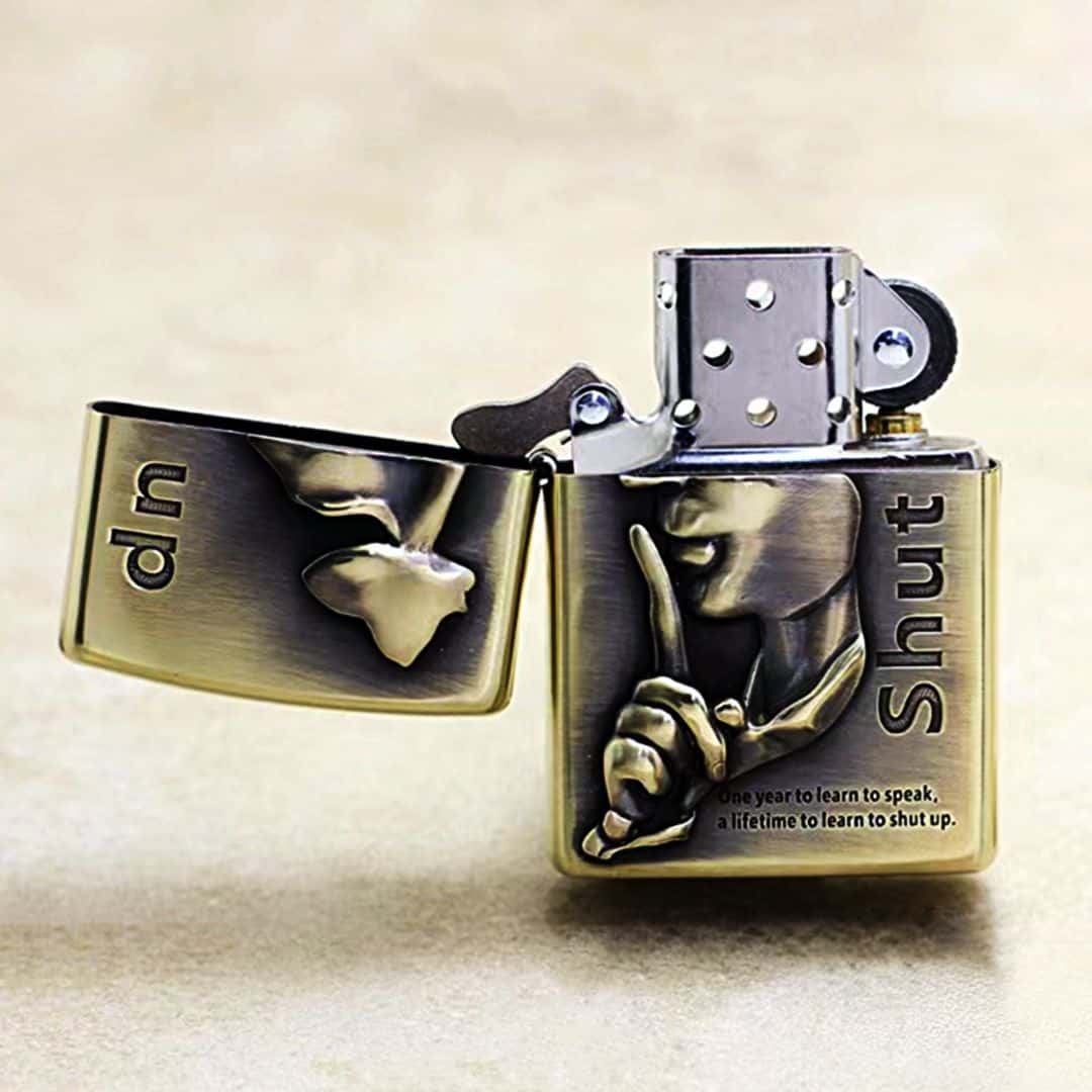 Shut Up Script Brass Lighter - Windproof Refillable Pocket Lighter for Men