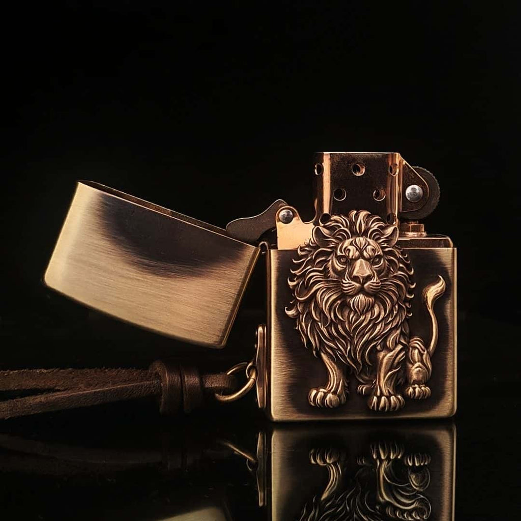 Forest King Lion Brass Lighter - Windproof Refillable Pocket Lighter for Men