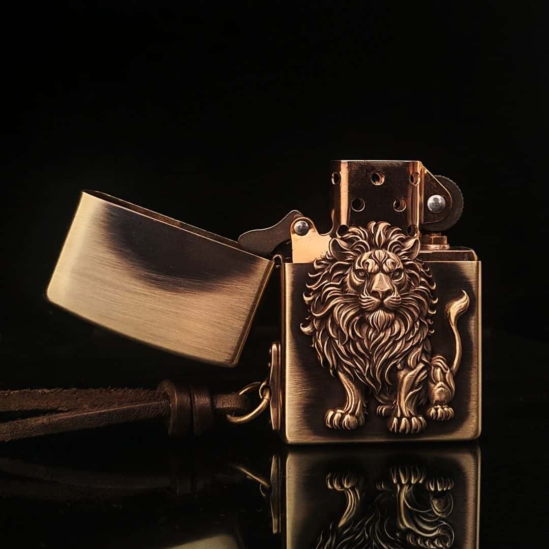 Forest King Lion Brass Lighter - Windproof Refillable Pocket Lighter for Men