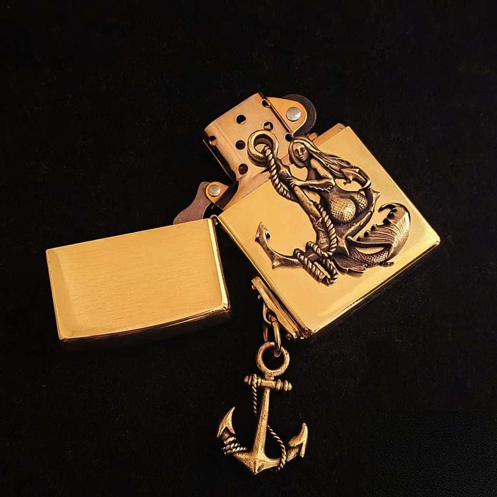 Mermaid Beauty Brass Lighter - Windproof Refillable Pocket Lighter for Men