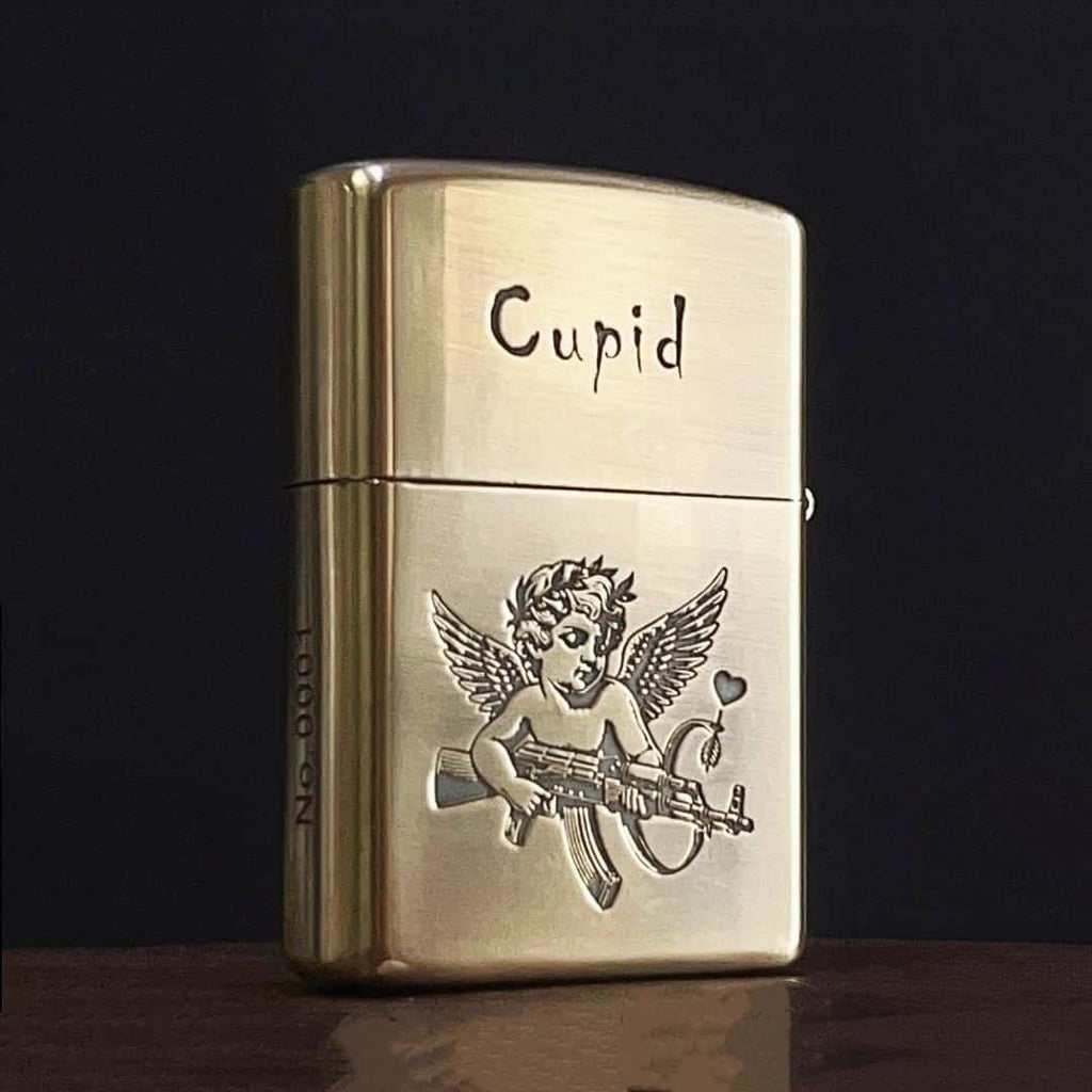 Reverse side view, tactical cupid engraving on solid brass lighter