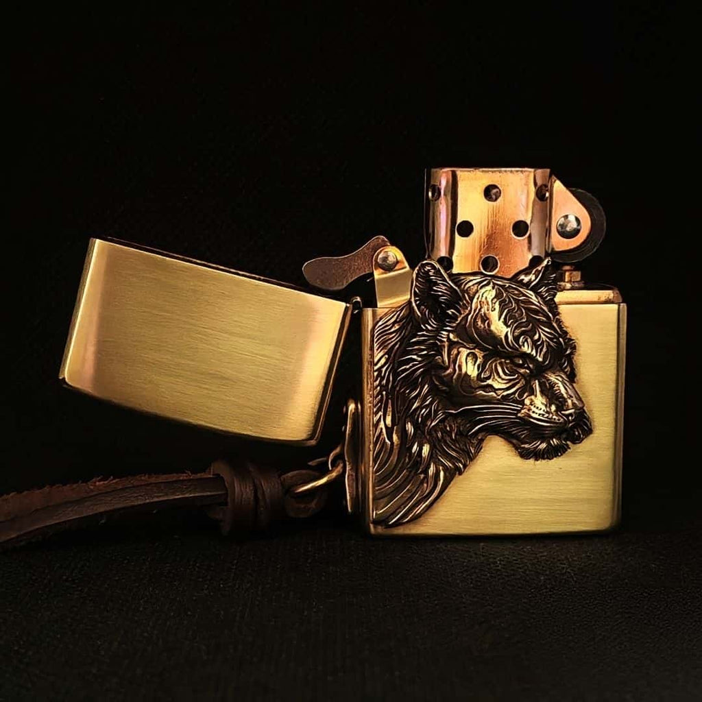 Fierce Tiger Brass Lighter - Windproof Refillable Pocket Lighter for Men
