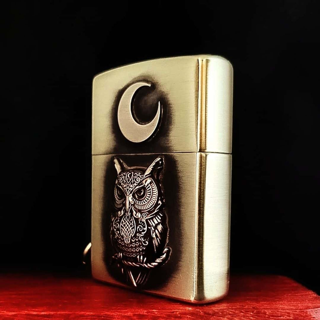 Owl Brass Lighter - Windproof Refillable Pocket Lighter for Men