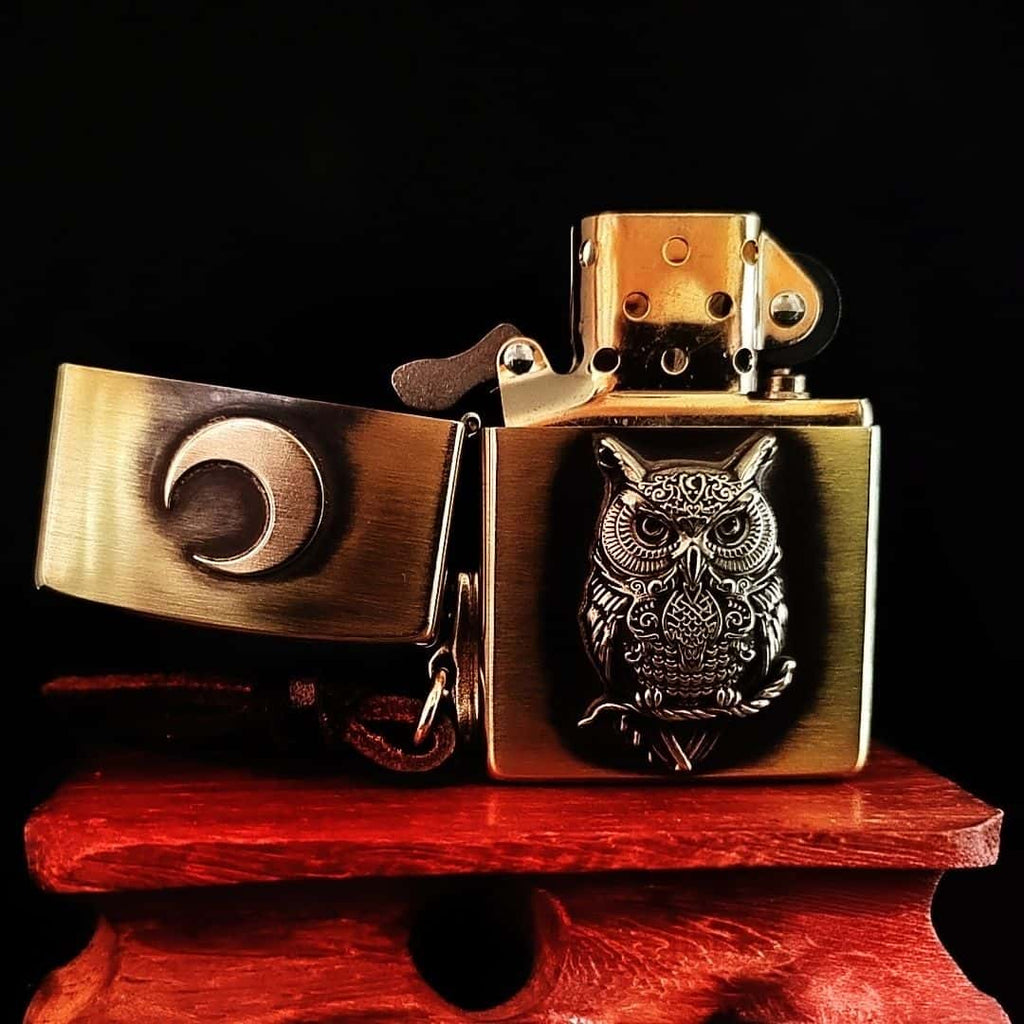 Owl Brass Lighter - Windproof Refillable Pocket Lighter for Men